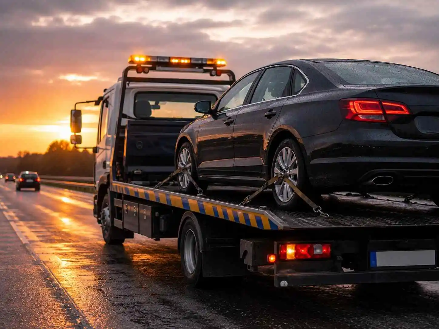 Flatbed recovery truck prepared for vehicle towing across the Thames Valley